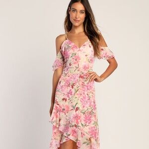 Lulus Watch Me Grow Pink Floral Print Cold-shoulder High-low Dress - Size L